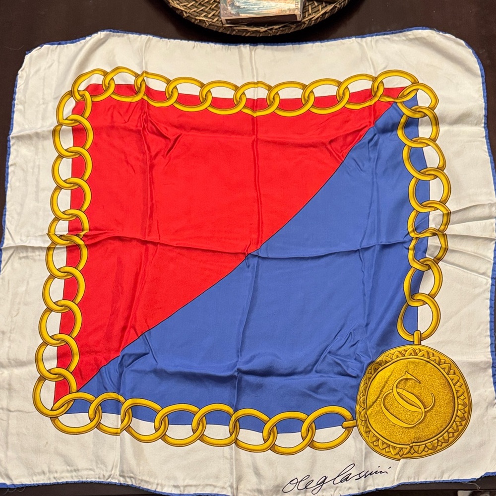 Oleg Cassini Red and Blue Scarf with Gold Chain Design